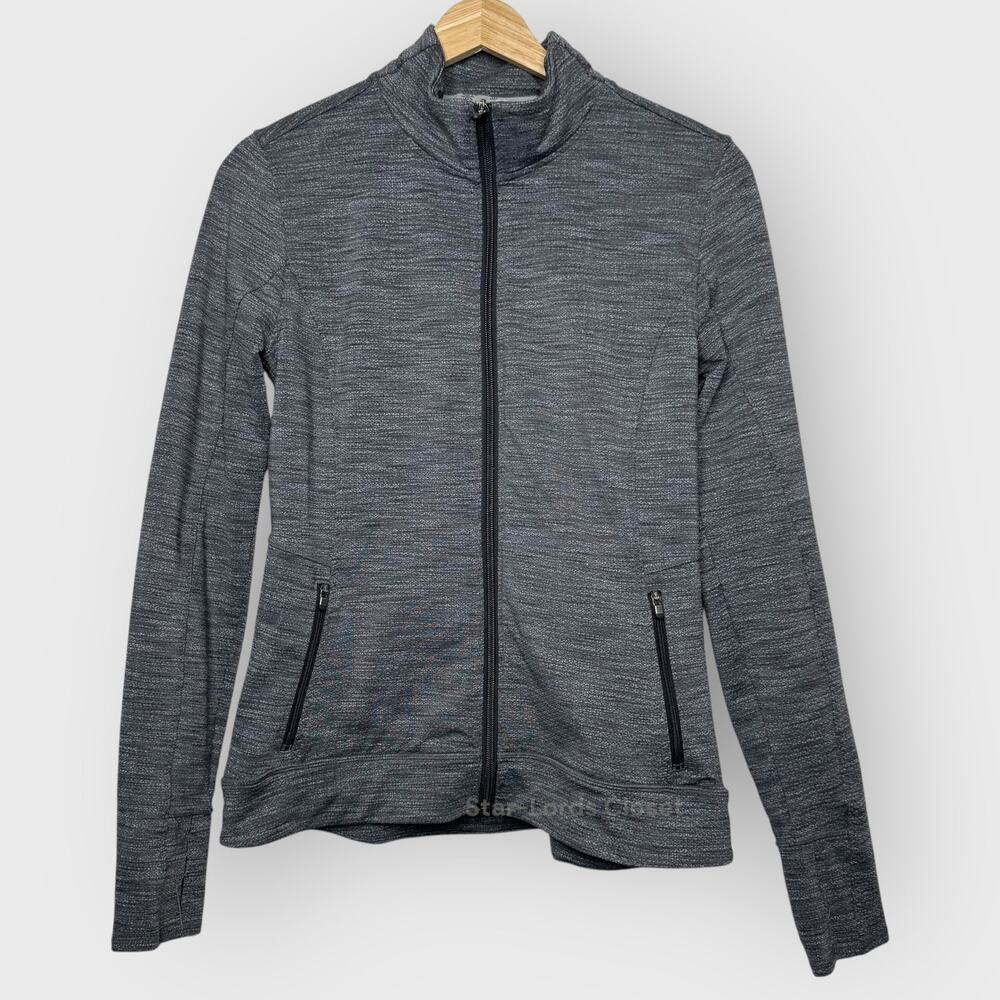 Athleta Heather Gray Full Zip Jacket Small Mock Neck Thumbholes Stretch Active